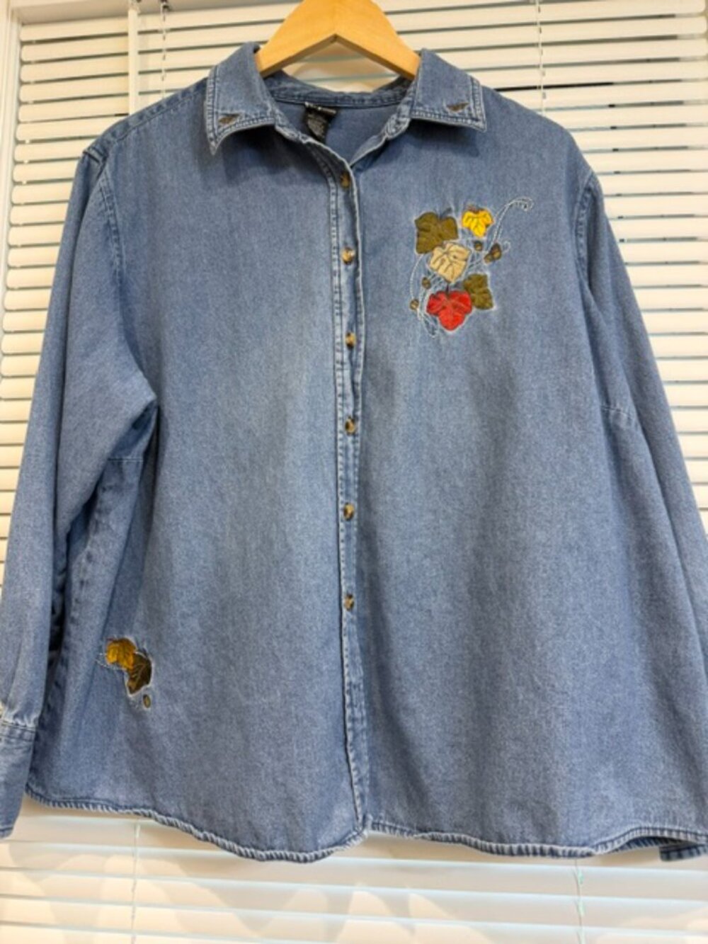 Vintage 90s Fall Leaves Embroidered Cotton Button Down Shirt Blue 2X - Picture 4 of 16